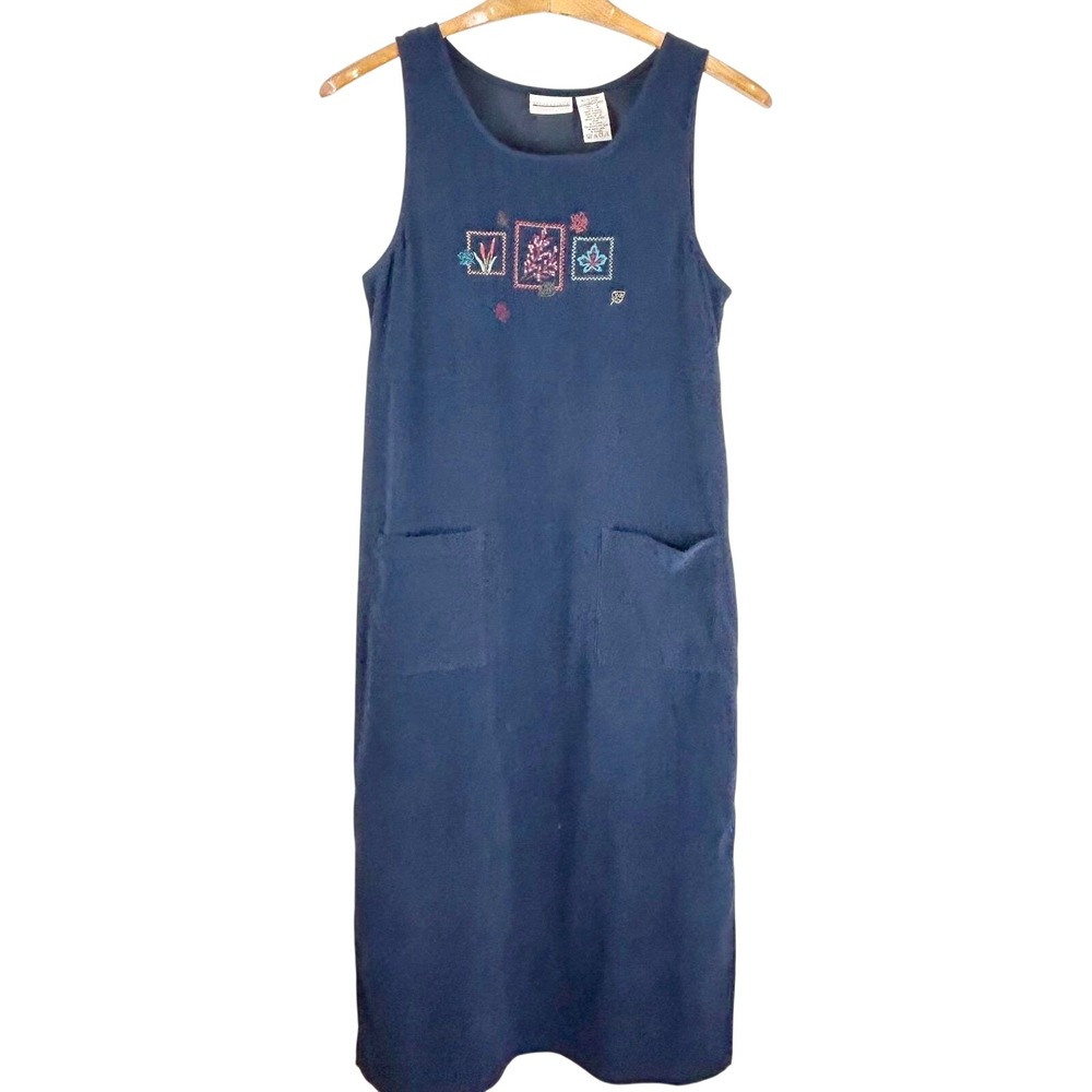 Expressions Jumper Dress Womens Medium Navy Blue Faux Suede Embroidered Nature